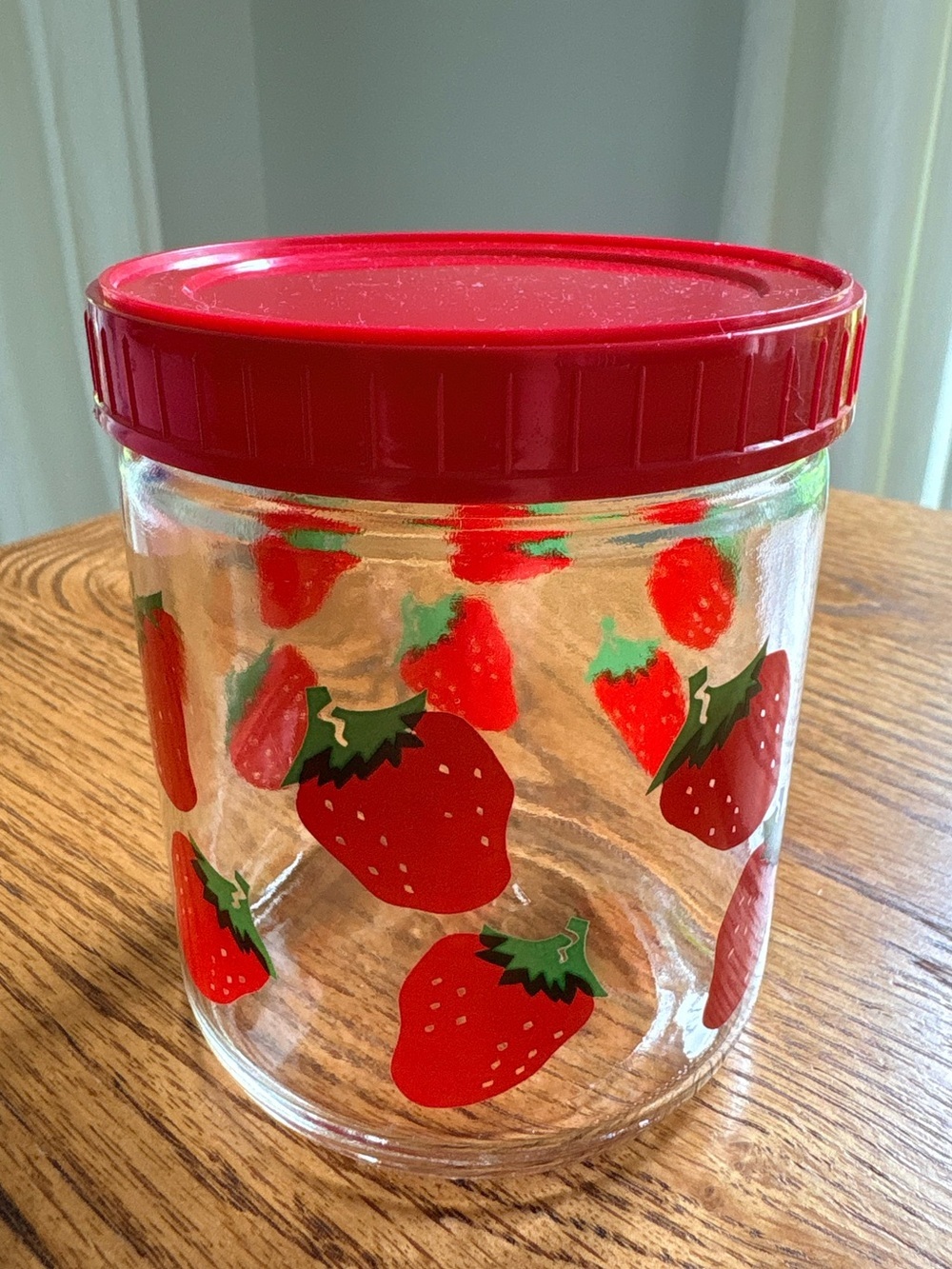 Vintage Red Strawberry Glass Storage Jar with Lid ~14 ozs. - Picture 5 of 13